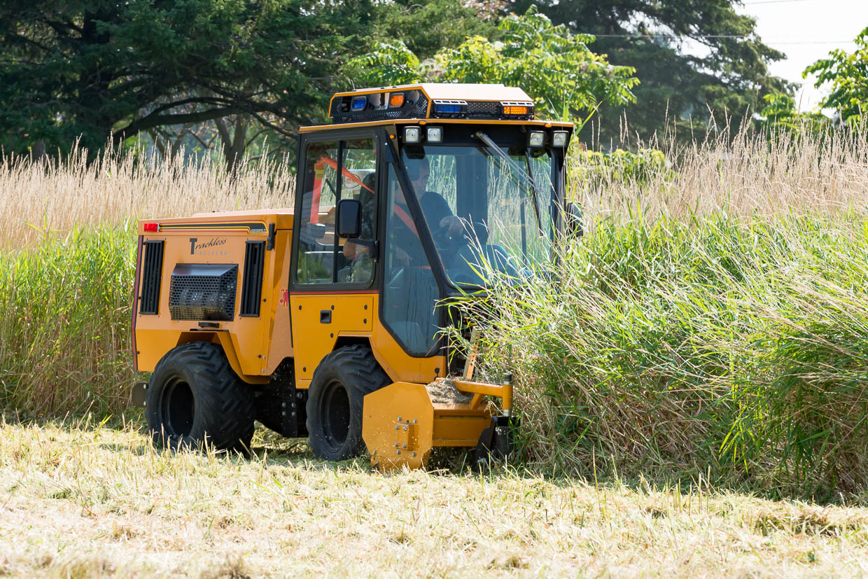 trackless vehicles front flail mower attachment on sidewalk municipal tractor mowing grass side view