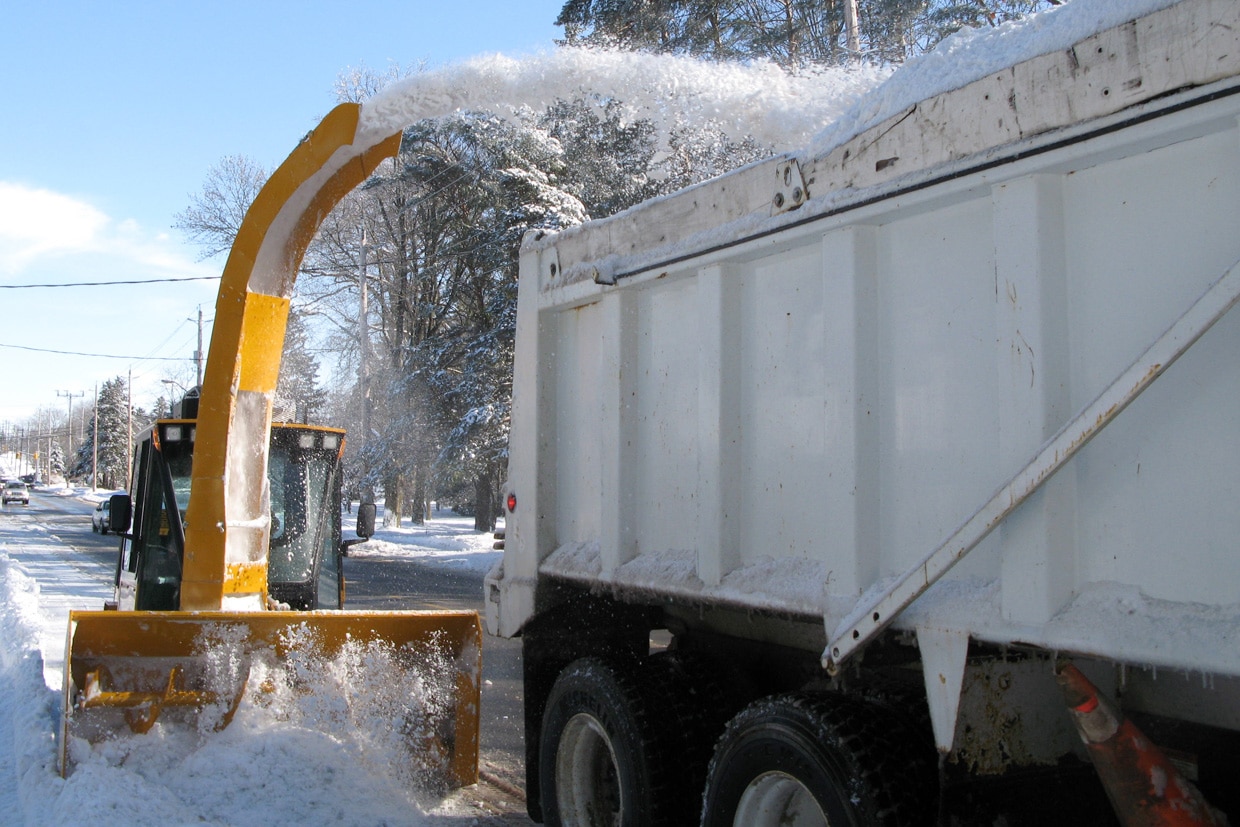 trackless vehicles twin auger snowblower on sidewalk tractor in snow with truck loading chute